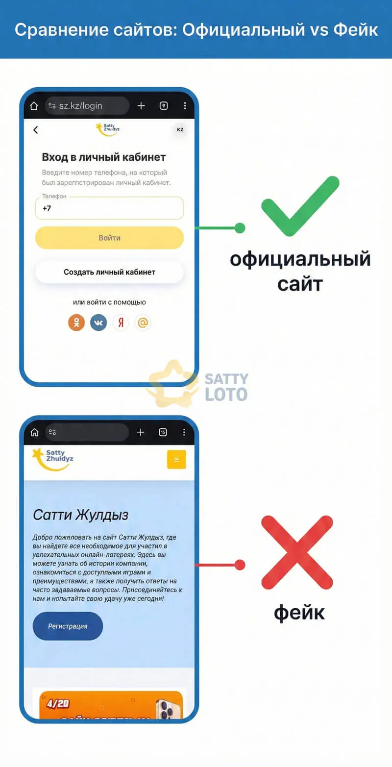 Как выглядит официальный сайт Сатти Жулдыз и фейковый сайт